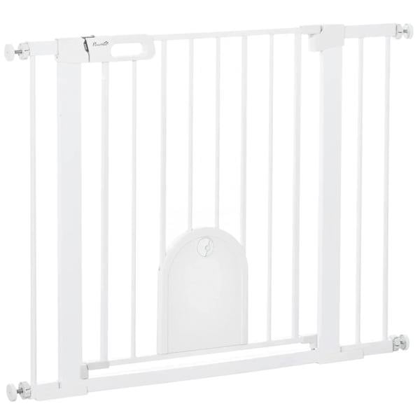White pet safety gate with vertical bars and built-in arched cat door