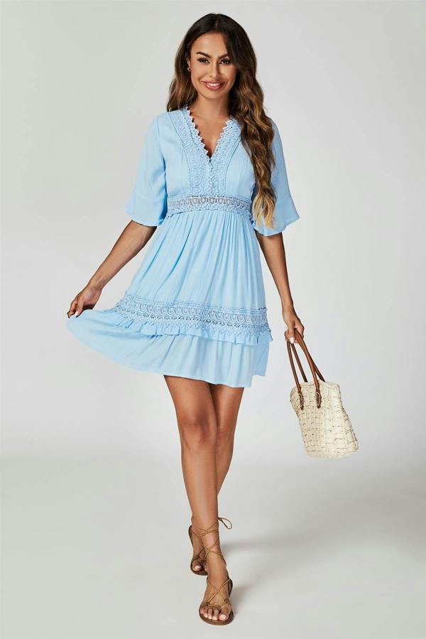 FS Collection V Neck Lace Mini Dress In Light Blue
