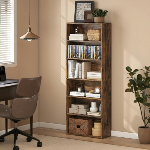 Wyld Haus Loama Wooden Rustic Brown 6 Tier Storage Bookcase