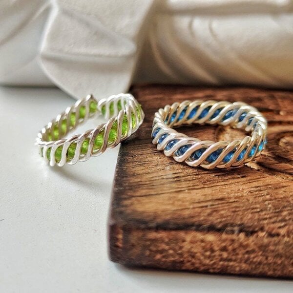 The Colourful Aura 925 Silver Green & Blue Link Chain Stacking Band Adjustable Ring