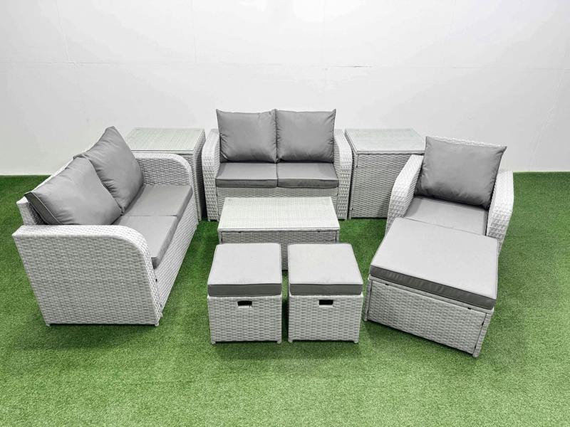 Fimous 3 Stools Outdoor Set, High Back Poly Rattan, Reclining Loveseat Sofa, Coffee Table and 2 Side Tables, Light Grey