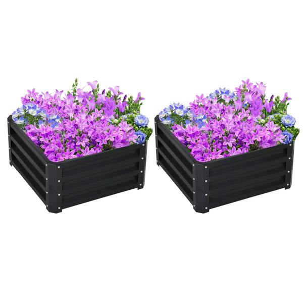 Set of two steel planter boxes, dark grey raised garden beds with open tops