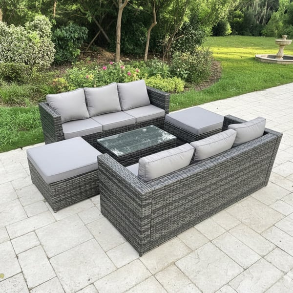 Fimous 8 Seater Rattan Garden Furniture Set with 2 Sofas, Coffee Table & 2 Large Footstools - Dark Grey