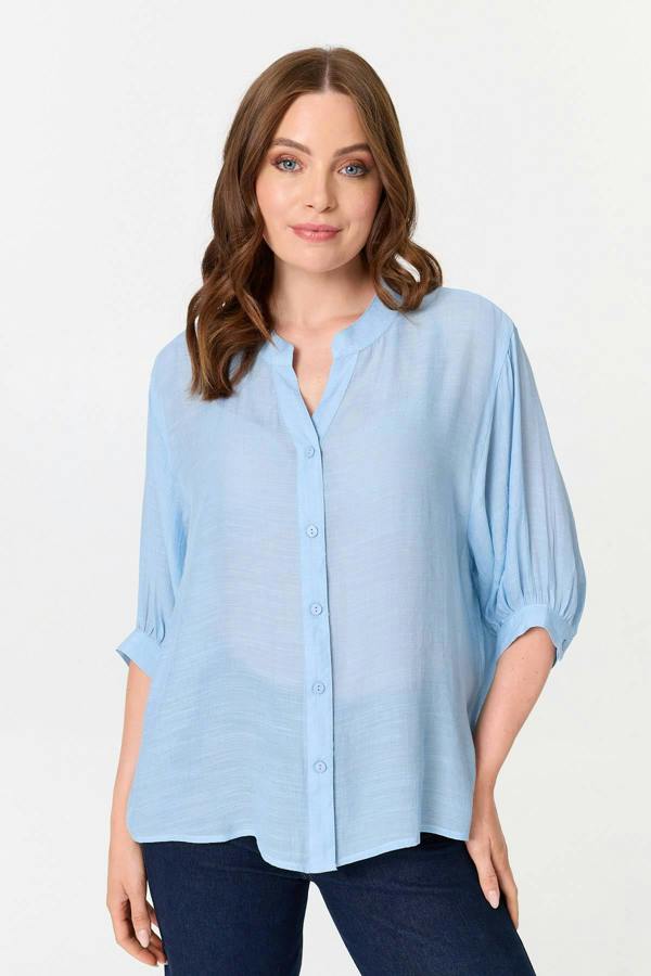 Blue | Relaxed 3/4 Sleeve Collarless Shirt