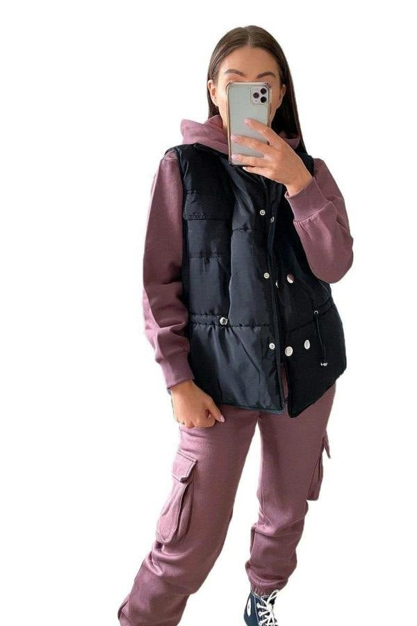 Serena Padded Gilet With Silver Button Details - Black