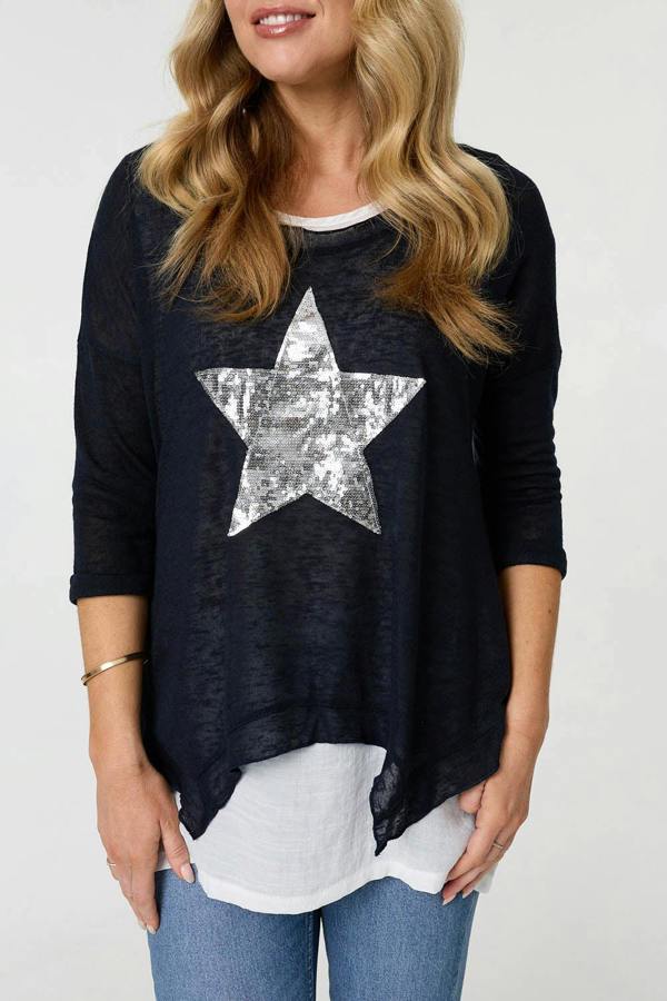 Navy | Sequin Star Front Relaxed Layered Top