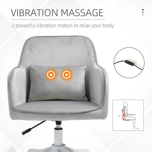 Grey velvet office chair with vibration massage points on the backrest and seat