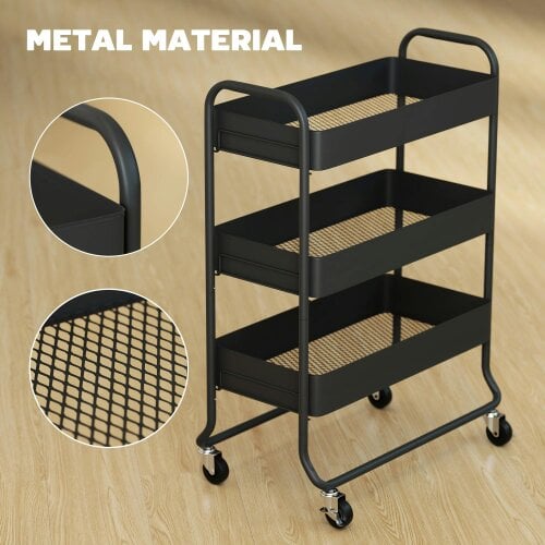 Wyld Haus Rakemi Metal Black 3 Tier Rolling Utility Trolley With Mesh Baskets