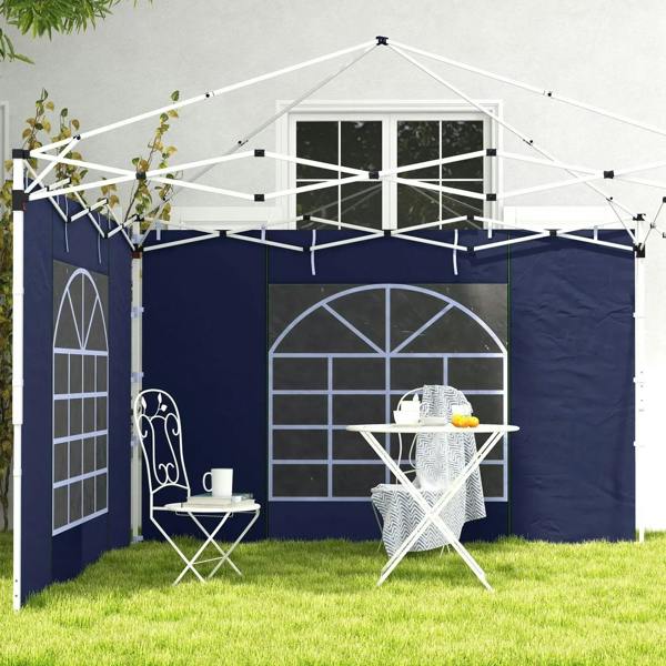 Blue gazebo enclosure with two side panels showing window designs