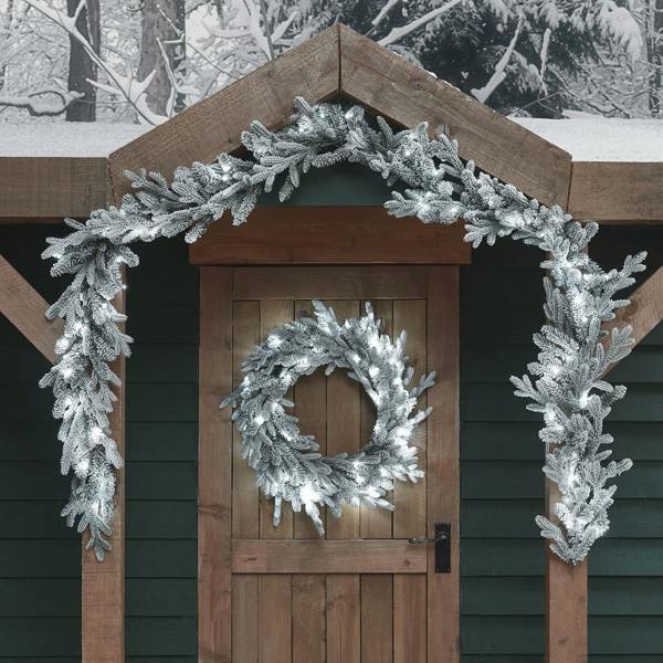 Pre-Lit Outdoor Snowy Christmas Wreath & Garland - lifestyle shot