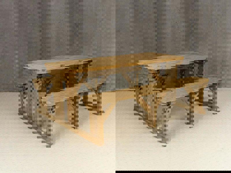 Abies Rounded Picnic Table and Benches Set - Rustic Finish Wooden Outdoor Dining Set for Gardens and Patios