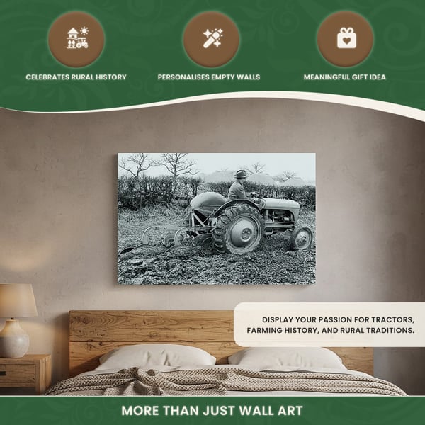 Ferguson TE20 Tractor Ploughing Canvas Picture Print, Circa 1950 Black and White Farm Scene, 60 x 40 cm, Stretched Canvas