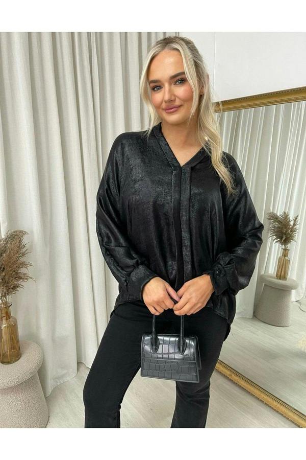 Teresa Metallic V-neck Oversized Top - Black