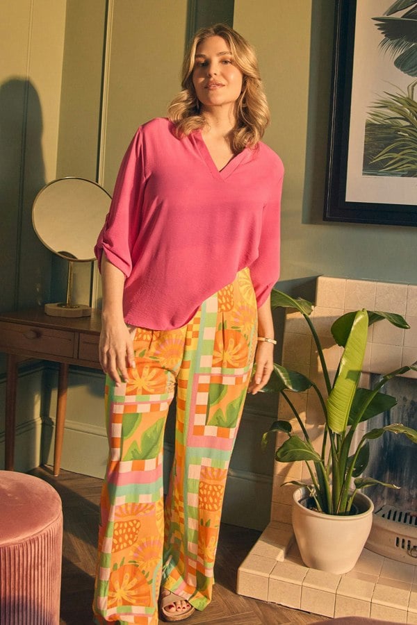 Orange | Tropical Tile Print Wide Leg Trousers  : Model is 5'8"/172 cm and wears UK14/EU42/US10/AUS14