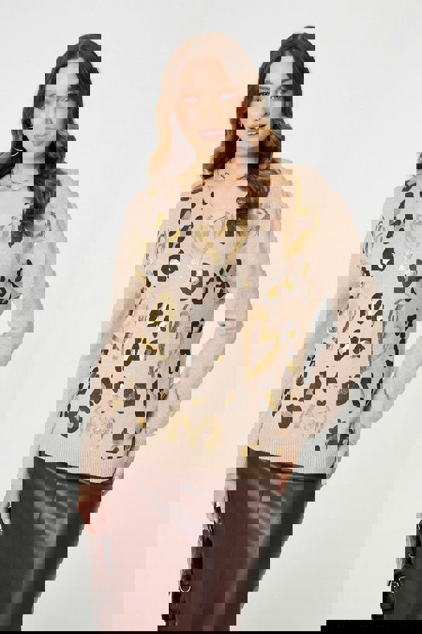 Beige | Metallic Heart Print Scoop Neck Jumper
