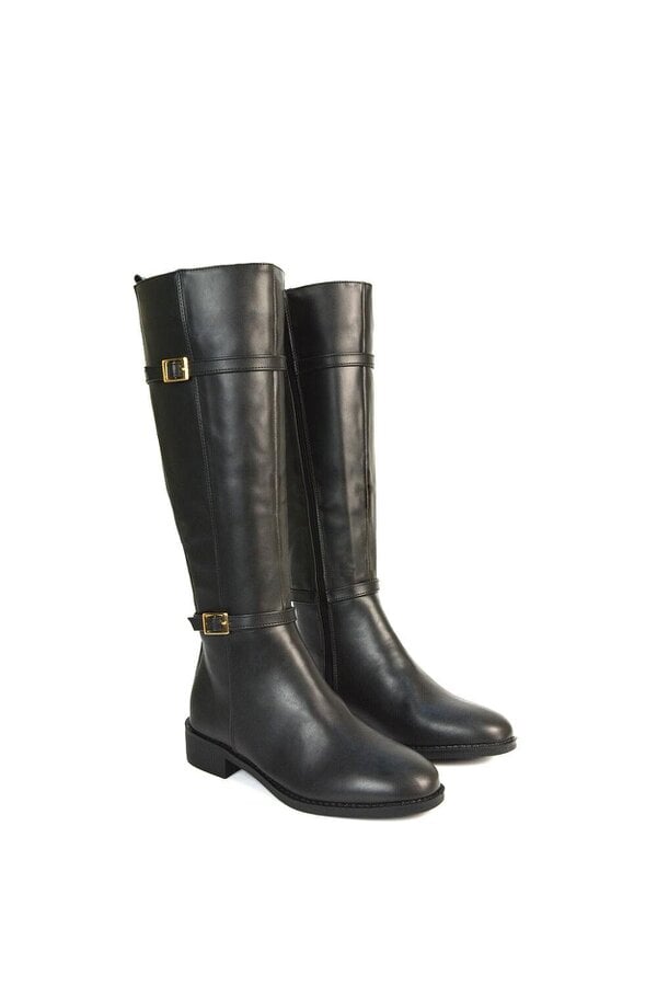 XY LONDON Flat Heel Stretch Knee High Long Boots With Buckle Details