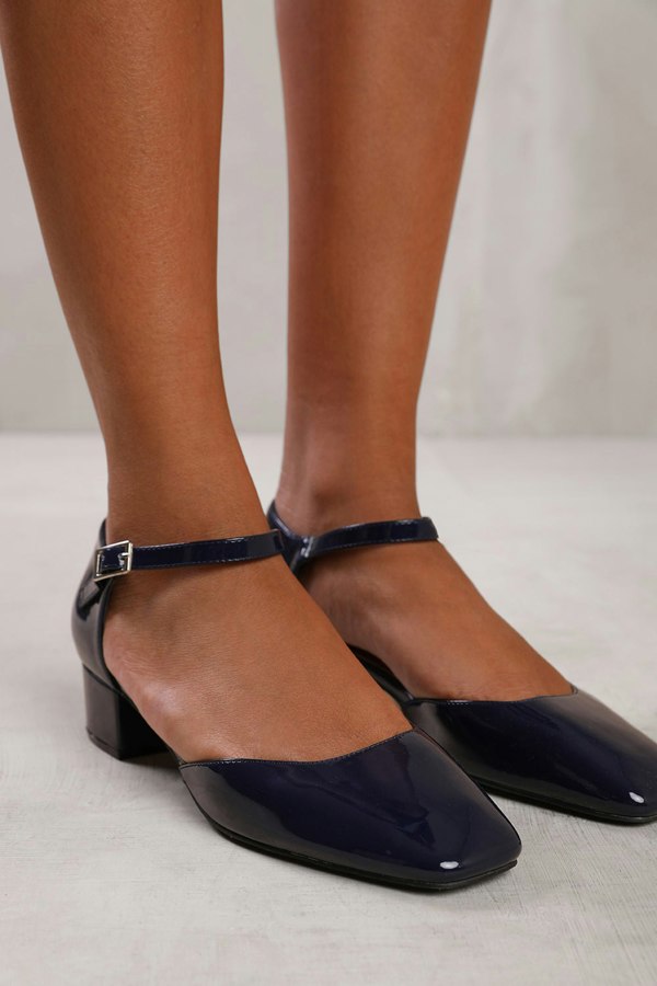 Where's That From Singapore Wide Fit Square Toe Low Block Heel With Strap in Navy Patent