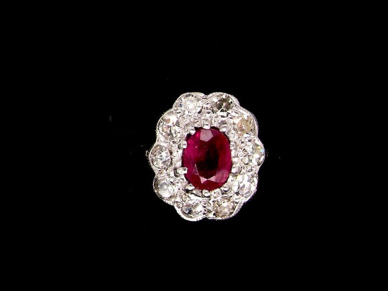 Vintage Tom A platinum ruby and diamond cluster ring