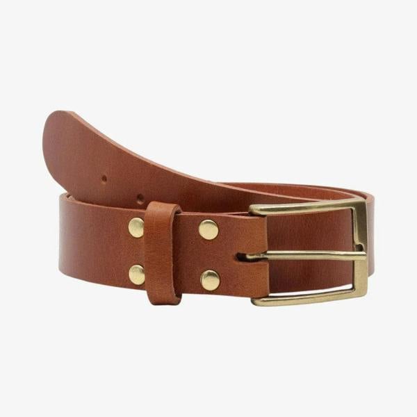 Tan leather belt with gold buckle on a white background