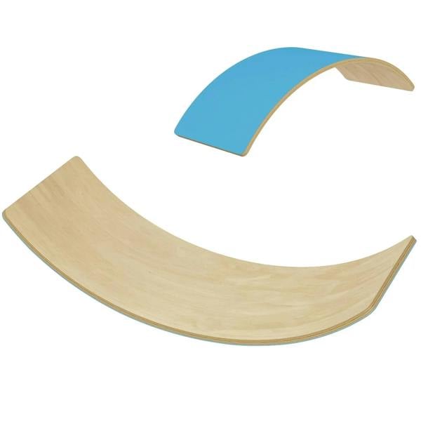 Kids wooden wobble balance board, curved semicircle with blue top and natural wood base
