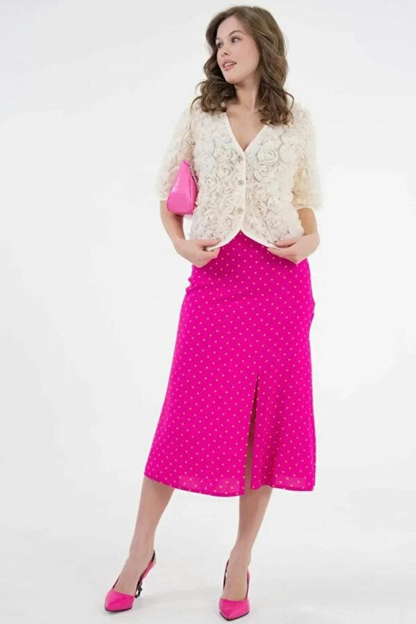 Hoxton Gal Plain Fuchsia Midi Woven Skirt with Slit Detail