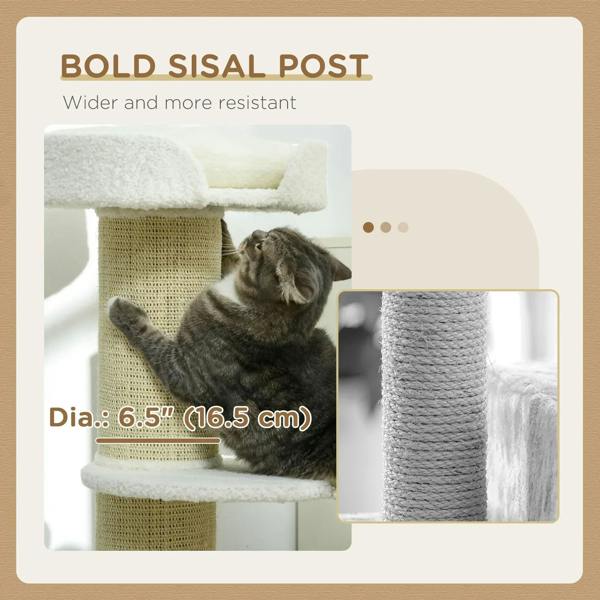 Cream bold sisal cat tree tower with wide wrapped post and round sherpa top perch