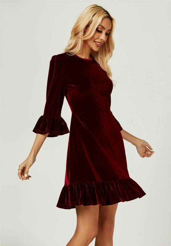 FS Collection Velvet Frill Detail Mini Dress In Wine