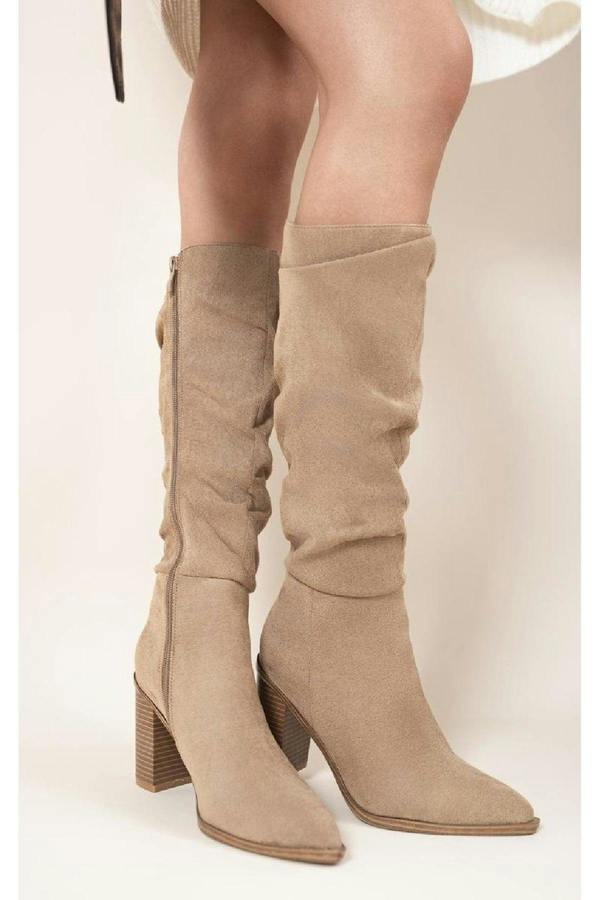 Anaya Knee High Block Heel Boots With Side Zip Closure - Camel