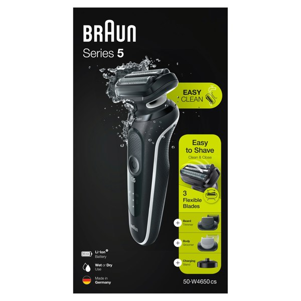 Braun Series 5 50-W4650cs Electric Shaver With 2 EasyClick Attachments, Charging Stand - Black/White