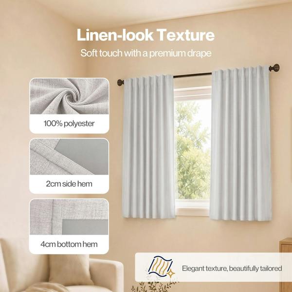Marlow 100% Blackout Curtains Thermal Linen Look Ready Made 46x54 in Light Grey