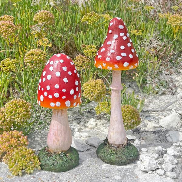 Farmwood Pair of Pointed Garden Mushroom Red Cap Toadstool Ornaments