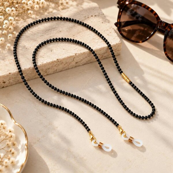 The Colourful Aura Black & Gold Beaded 65 cm Glass Chain Lanyard Holder