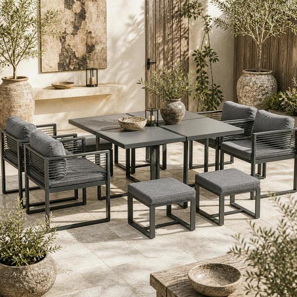 Wyld Haus Sekalu Grey 8 Seater Grey Rattan Rope and Aluminium Outdoor Dining Set With Glass Top Table