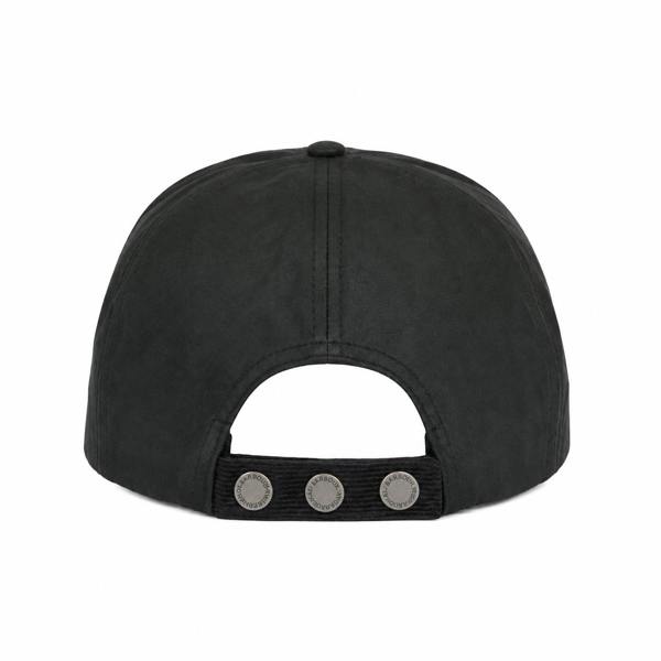Back view of a black Barbour International waxed cotton baseball cap with adjustable branded metal stud strap.