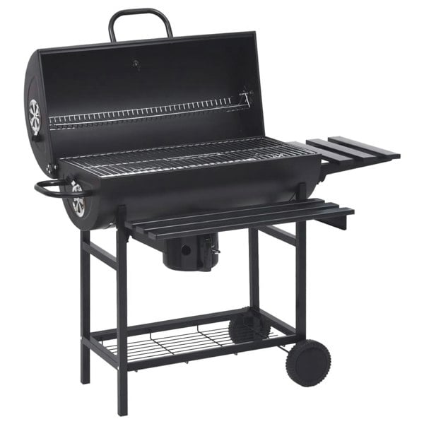 Berkfield Barrel Grill with Wheels and Shelves Black Steel 115x85x95 cm