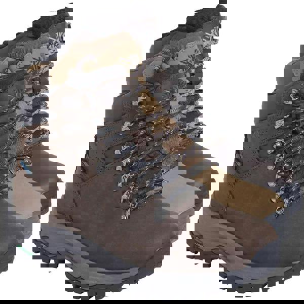 Karrimor Mendip 4 Womens Waterproof Hiking Trekking Ankle Boots, pair of brown, grey, and tan waterproof hiking boots with laces and rugged soles.