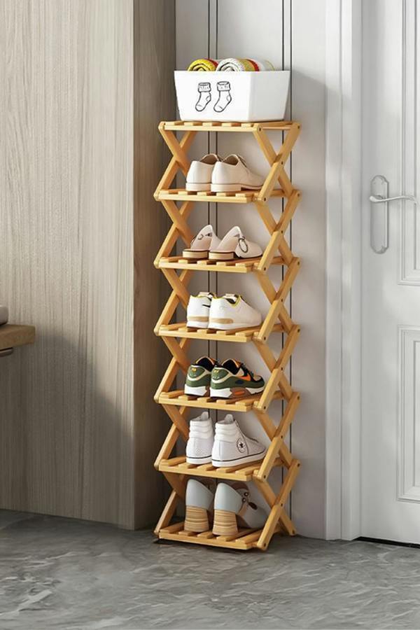 Living and Home 7 Tier Bamboo Folding Shoe Rack Shoe Storage Organiser - Light Oak