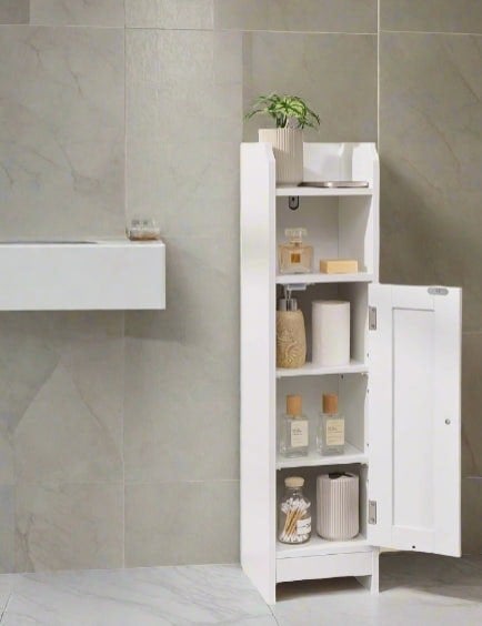 White slim bathroom cabinet with adjustable shelves

