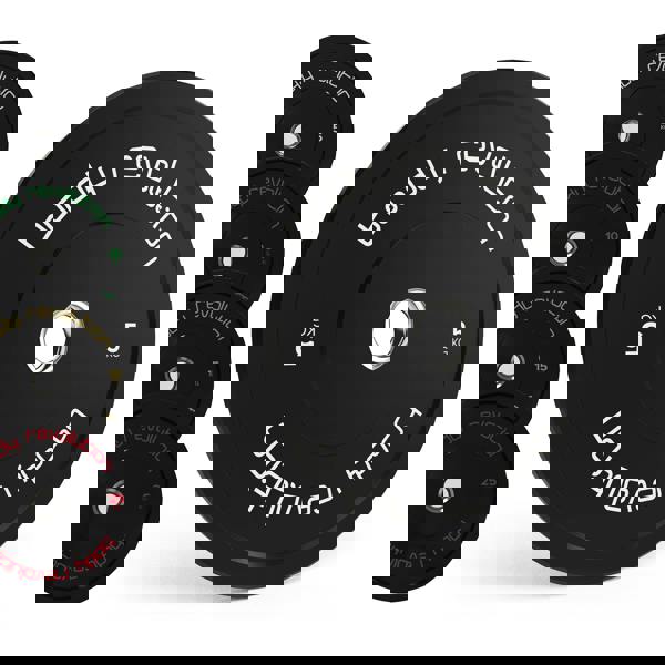 Body Revolution Olympic black bumper plate bundle featuring 5kg, 10kg, 15kg, 20kg, and 25kg plates with a textured finish