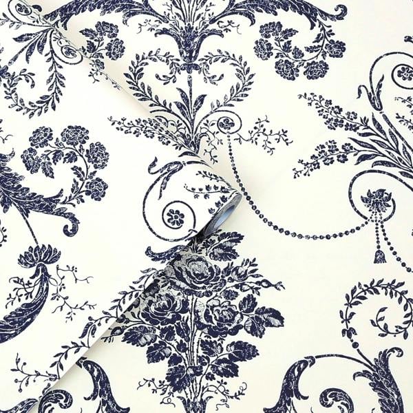Laura Ashley Josette Wallpaper - Off White & Midnight - 10m