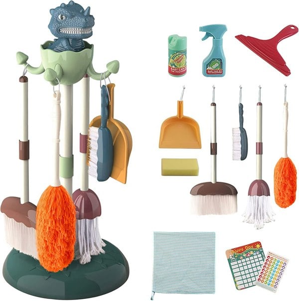 deAO Toys Household Cleaning Pretend Play Toy with Dinosaur Stand and Accessories Included
