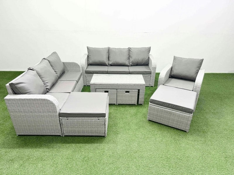 Fimous Outdoor Garden Furniture Set PE Rattan 3 Seater Sofa Reclining Chair Set with Oblong Coffee Table 4 Footstools Light Grey