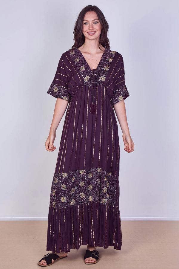 Boho Sequin leaf Embroidered Maxi Dress