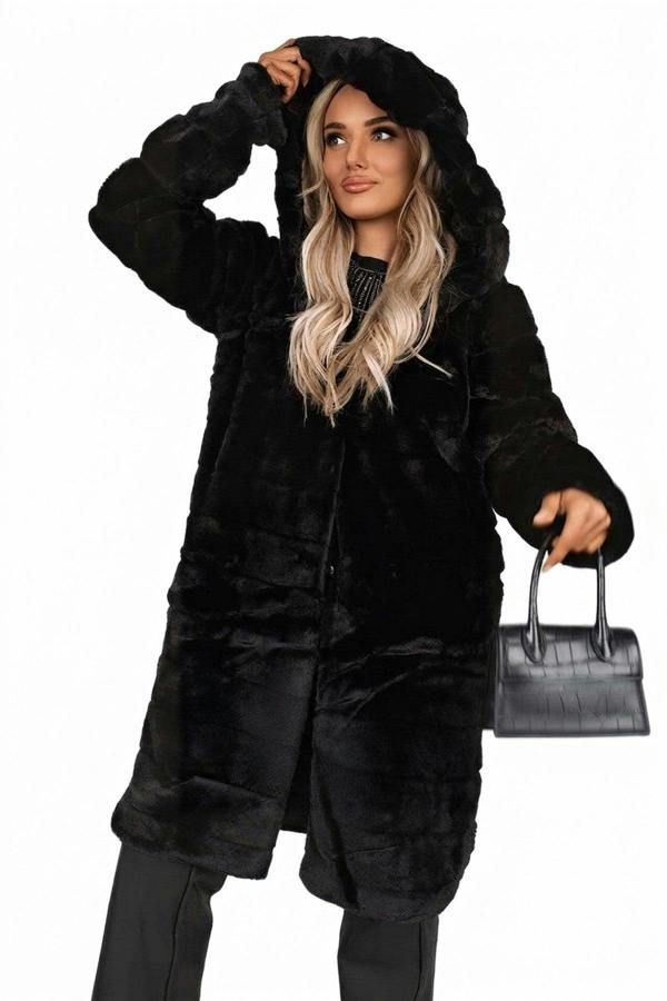 Milara Longline Faux Fur Hooded Coat - Black_wb