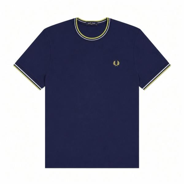 Fred Perry Twin Tipped T-Shirt in French Navy with Dusky Blue and Citron trim, embroidered logo.
