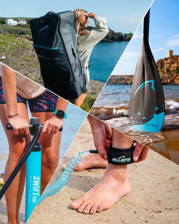 Collage of Bluefin SUP products: a paddle bag, SUP paddle, hand pump, and ankle leash by the water.