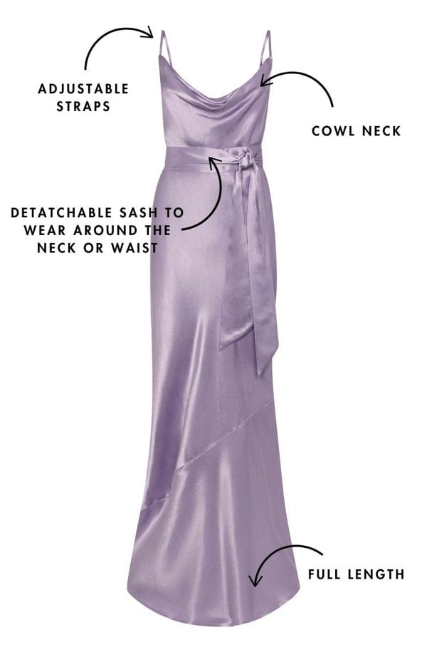 Rewritten London Pollenca Bridesmaid Dress in Lilac Satin