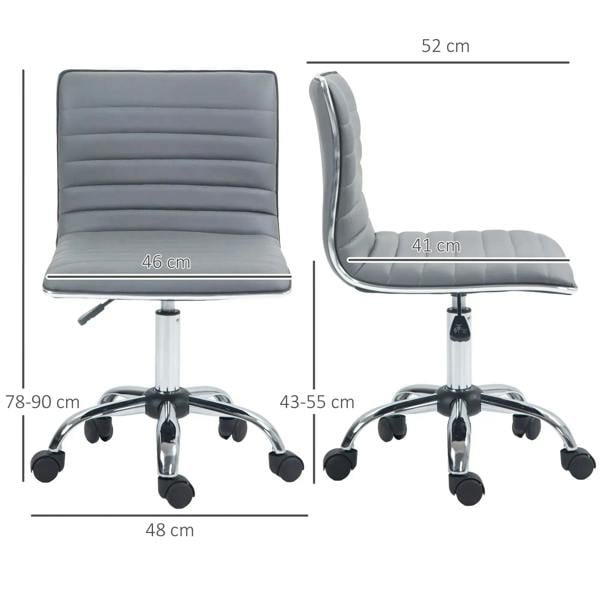 Light grey armless task chair with stitched back cushion and swivel chrome base