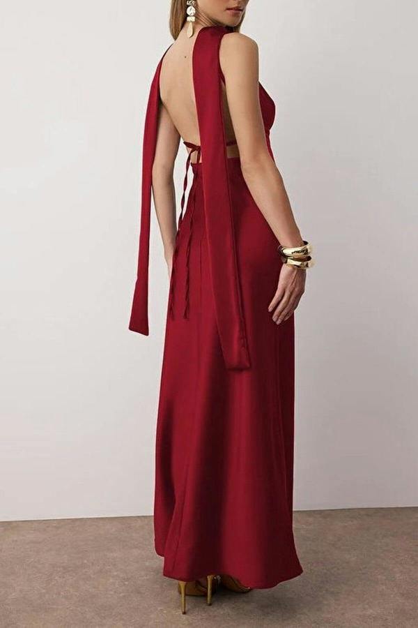 WOVCOR Scarf Detail Satin Maxi Dress with Strappy Design