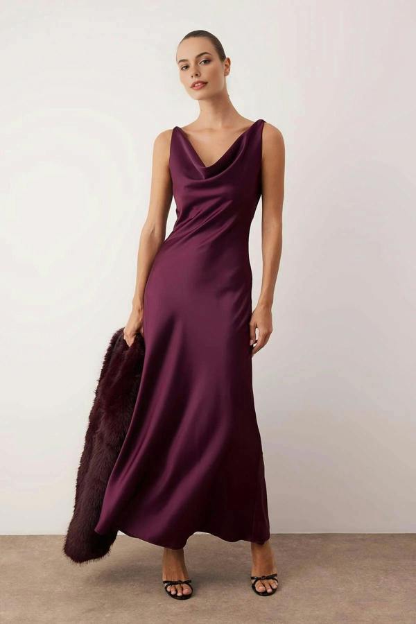 WOVCOR A-Line Cowl Neck Satin Maxi Elegant Dress